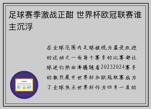 足球赛季激战正酣 世界杯欧冠联赛谁主沉浮